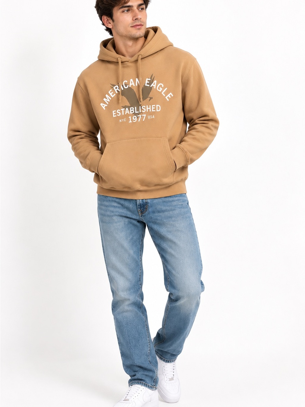 American Eagle Outfitters Tan Hoodie with Light Blue Jeans